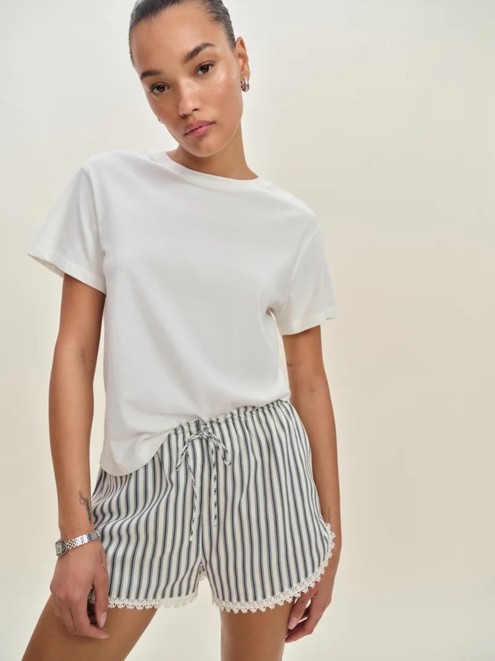 Reformation Blue and White Striped Lace-Trim Shorts - Picture 2 of 5